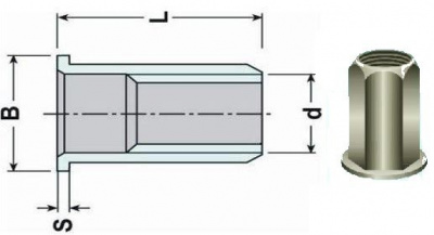 Blind Rivet Nut OPEN M10x23 ZINC Flat head, Semi-hexagonal shaft (s= 0.5-3.5 mm)