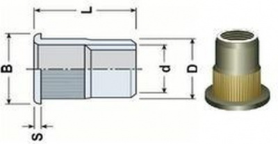 Blind Rivet Nut OPEN M6x16 ZINC Flat head, Knurled shaft (s= 0.5-3.0 mm)
