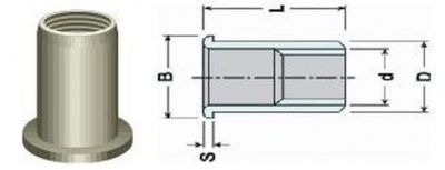 Blind Rivet Nut OPEN M6x16.5 ALUMINIUM Flat Head (s= 3.0-5.5 mm) TUBTARA type